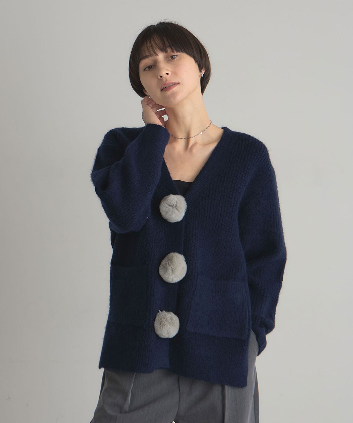 フロントぽんぽんファーロングカーディガン