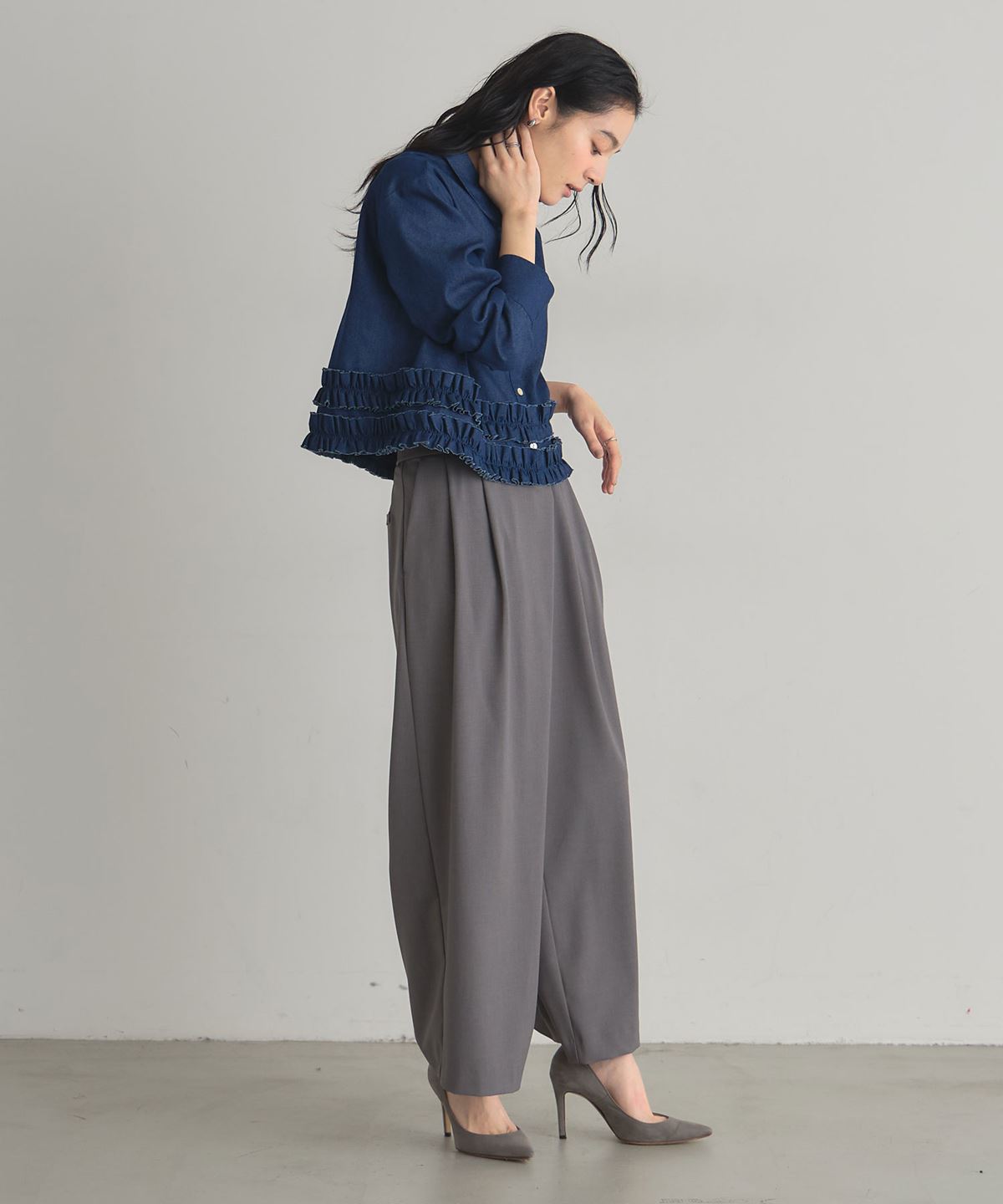 デニム裾フリルシャツ