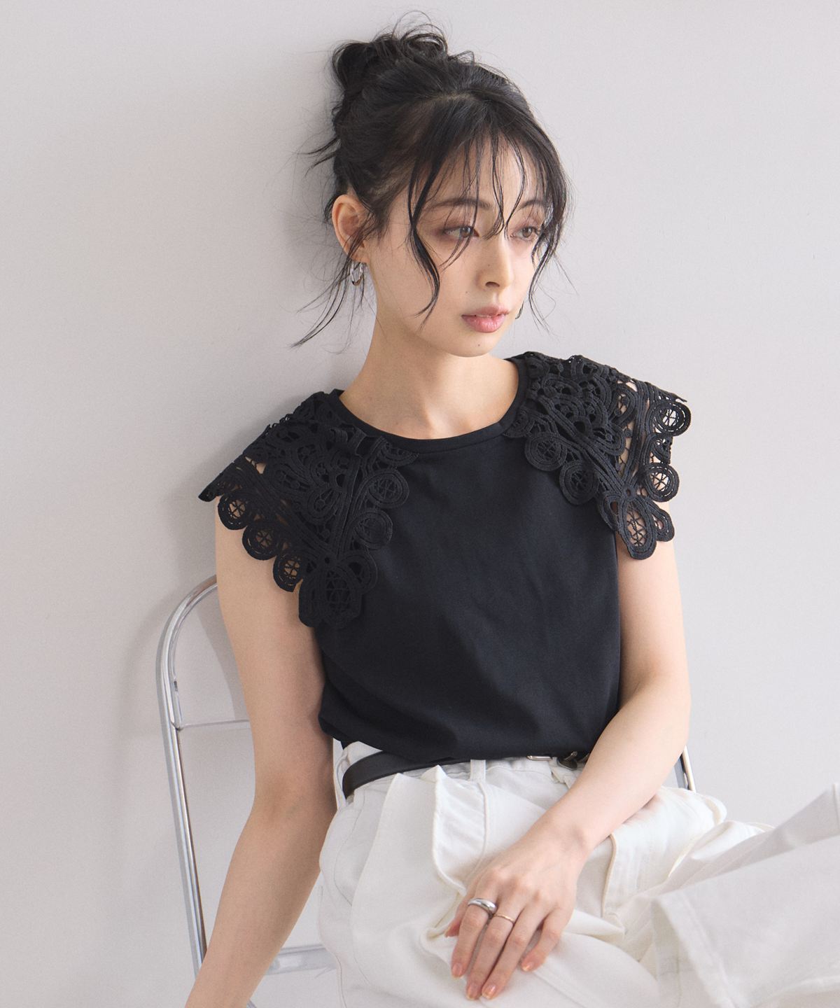 美香さん着用】 【接触冷感・UVカット】レース襟ノースリトップス