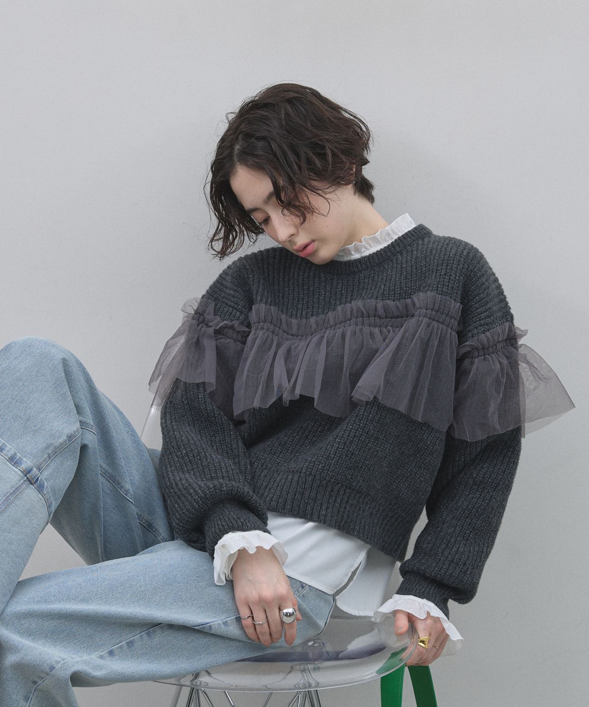 【m.】CHIGNON チュールフリルプルオーバー アシンメトリーチュールフリルニットプルオーバー