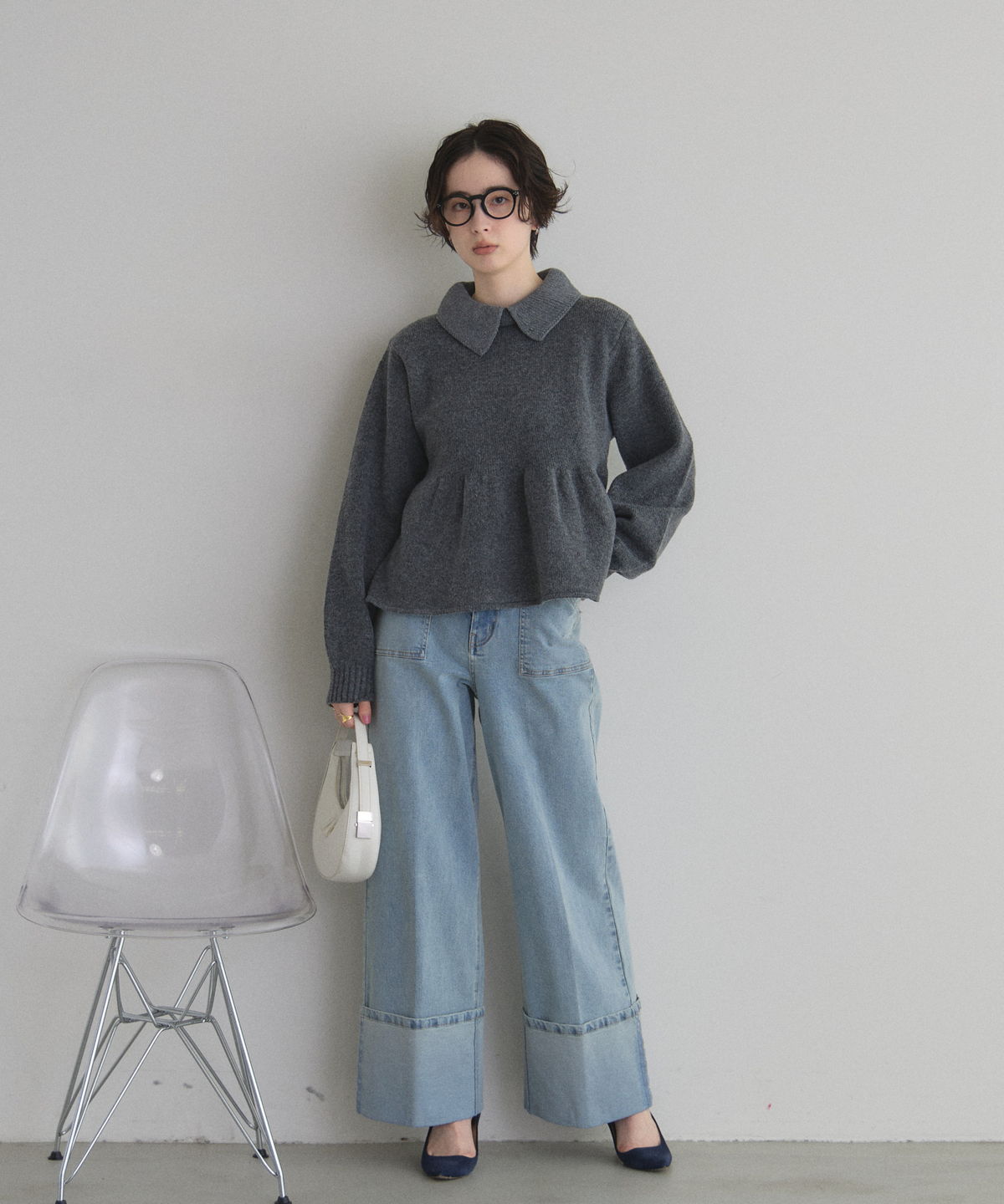 襟付きペプラムニットワンピース♡ セール】襟付きヘンリーネックペプラムニットミニワンピース