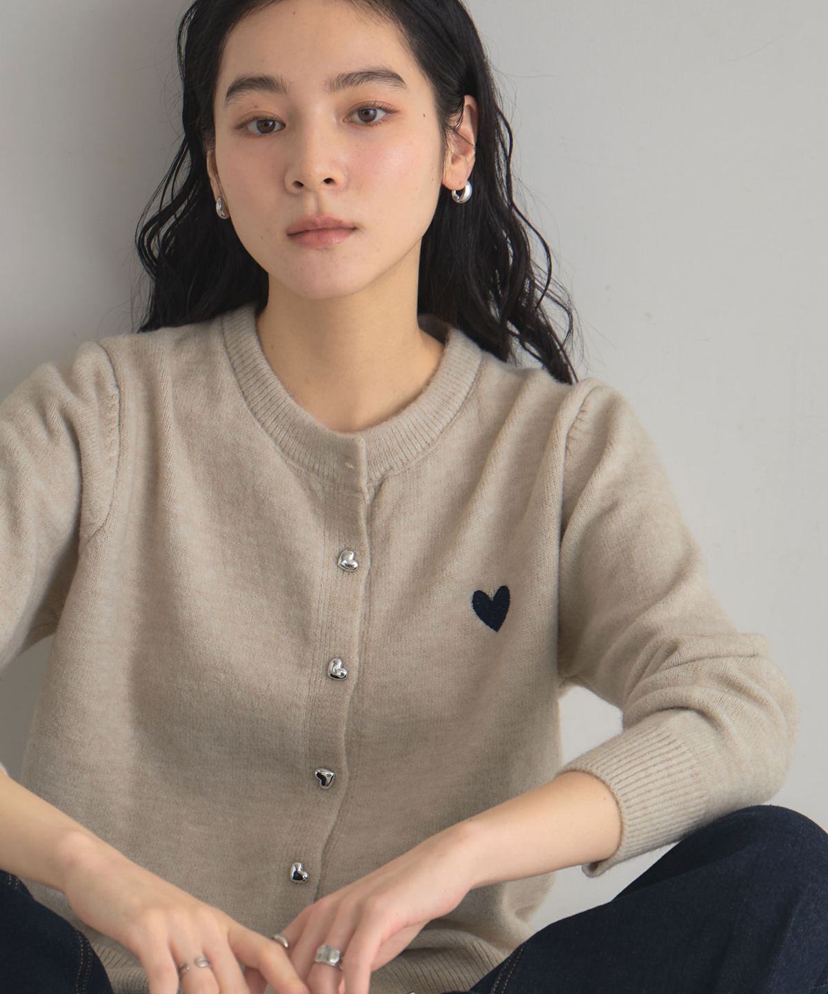 ハート刺繍 半袖カーディガン アイボリー オフィシャルサイト限定】ハート刺繍カーディガン