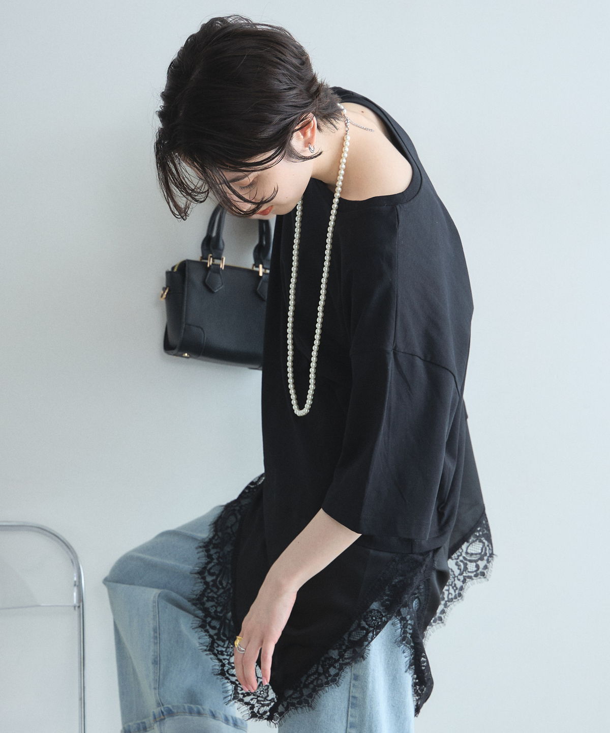 ATTISESSION レースドッキングTシャツ ブラック オフィシャルサイト限定】レースドッキングTシャツ